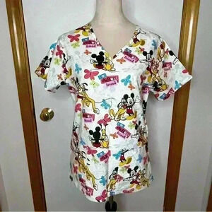 Disney Nurse Medical Scrub Top XS Mickey Pluto V Neck Front Pockets Short Sleeve